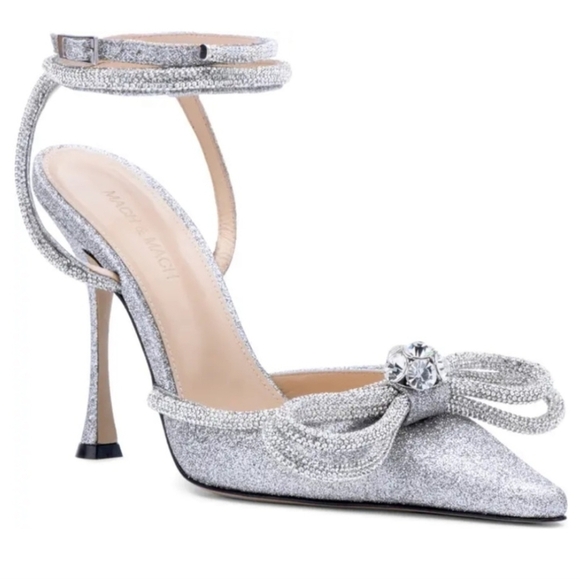 NIB MACH & MACH Double Bow Crystal Glittered Silver Pointed Toe Pump Size 38.5 - Picture 7 of 16